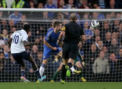 Tottenham Hotspur's Emmanuel Adebayor scores his team's first goal.