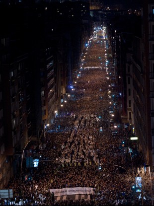 Pro-independence Basque demonstrators gather on the street during a protest in Bilbao.