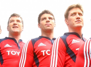 Anthony Foley, Denis Leamy and Ronan O'Gara pose for a new jersey launch in 2007.