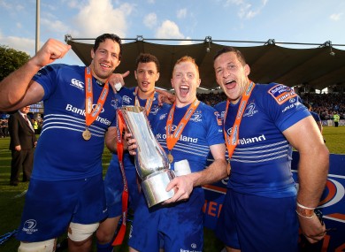 Mike McCarthy, Zane Kirchner, Darragh Fanning and Jimmy Gopperth celebrate Leinster's win.